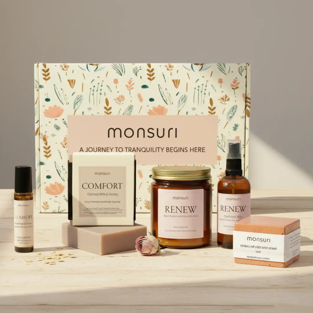 Comfort and care sympathy gift baskets with rose sandalwood candle, oatmeal honey soap, bath bomb and essential oil roller for bereavement gifts