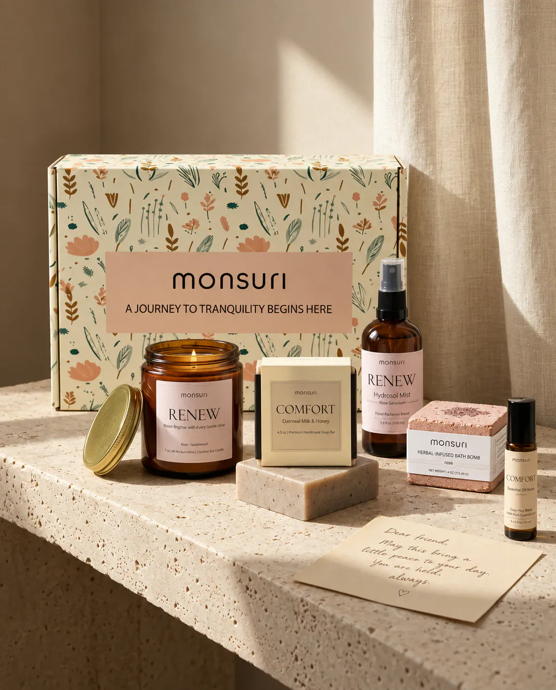 The five sympathy pieces on a travertine ledge in front of the Monsuri botanical gift box, with a handwritten card resting in front