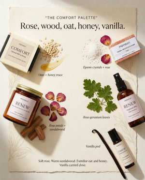 The comfort palette - rose, wood, oat, honey and vanilla, with rose petals and sandalwood, oats and honey, rose-geranium leaves and a vanilla pod laid beside the pieces
