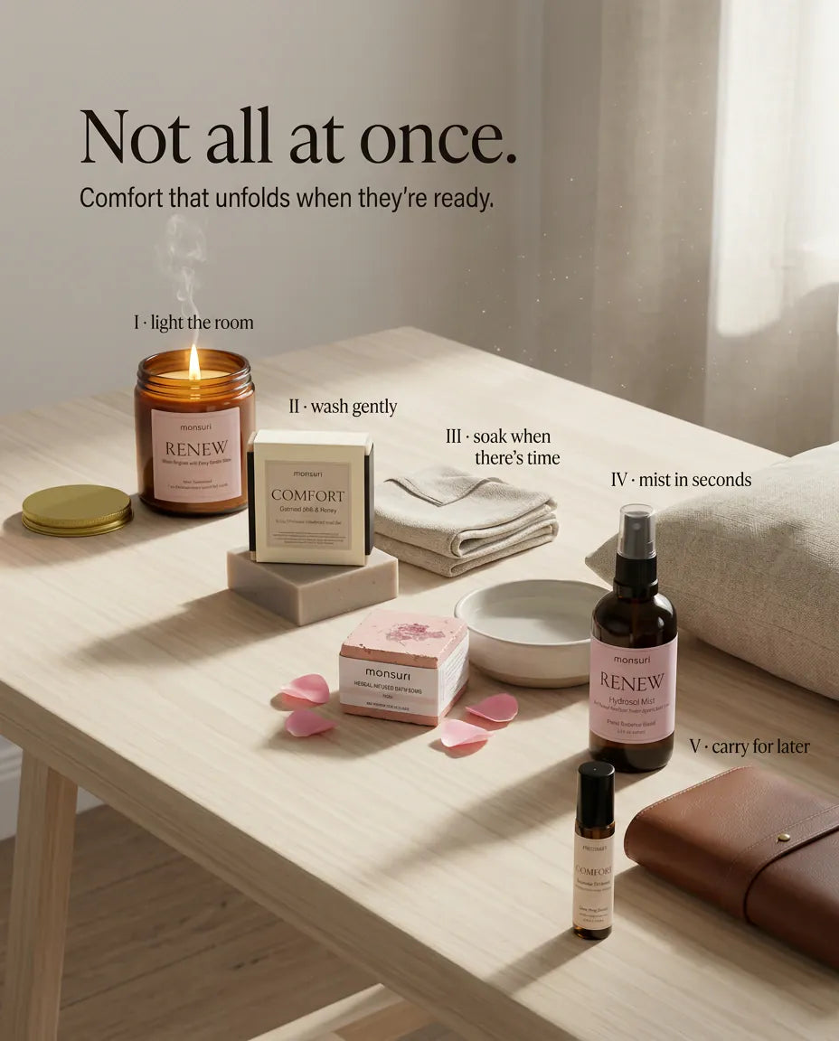 Not all at once, comfort that unfolds when they are ready - light the room, wash gently, soak when there is time, mist in seconds, carry for later