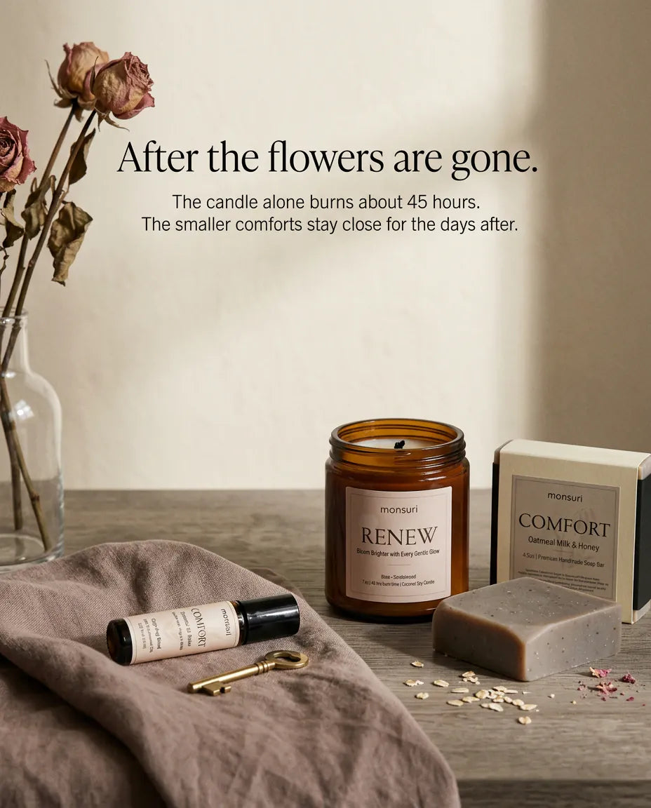 After the flowers are gone - the candle alone burns about 45 hours and the smaller comforts stay close for the days after, shown beside a vase of dried roses