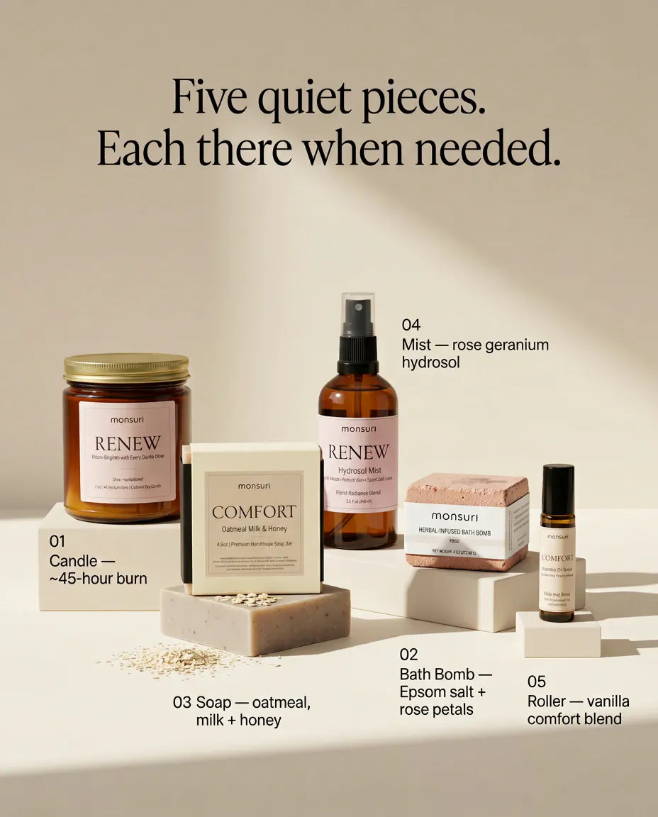 Five quiet pieces, each there when needed - 01 candle with a 45-hour burn, 02 bath bomb with Epsom salt and rose petals, 03 oatmeal milk and honey soap, 04 rose geranium hydrosol mist, 05 comfort roller