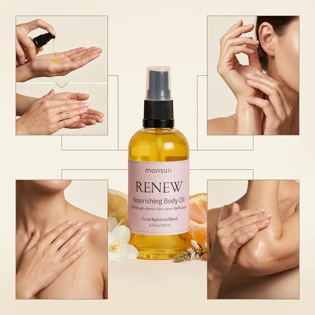 Where to apply RENEW jasmine body oil — warmed between the palms and smoothed onto wrists, neck, decolletage and arms as a floral pulse-point ritual.