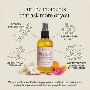 When to use RENEW jasmine body oil: before a presentation, before a date or event, during a new beginning, and any time you want to feel more put together.