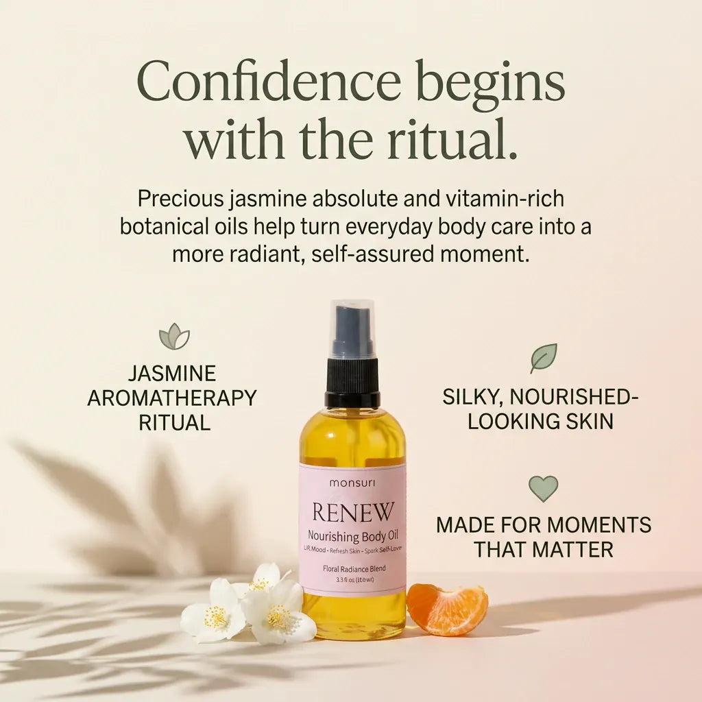 Monsuri RENEW jasmine nourishing body oil — precious jasmine absolute and vitamin-rich botanical oils turn everyday body care into a more radiant, confidence-boosting ritual.