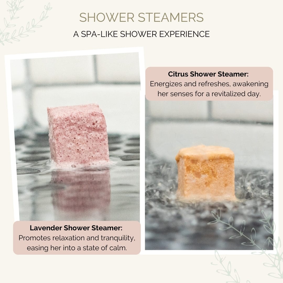Invigorating Citrus and Calming Lavender Shower Steamers from Monsuri's 'Just for Mom' Wellness Set.
