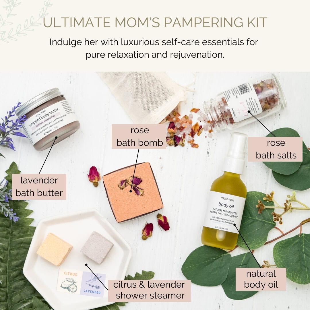 Natural bath & body products in Monsuri's 'Just for Mom' Gift Set. Mom Pampering Kit for Ultimate Relaxation.