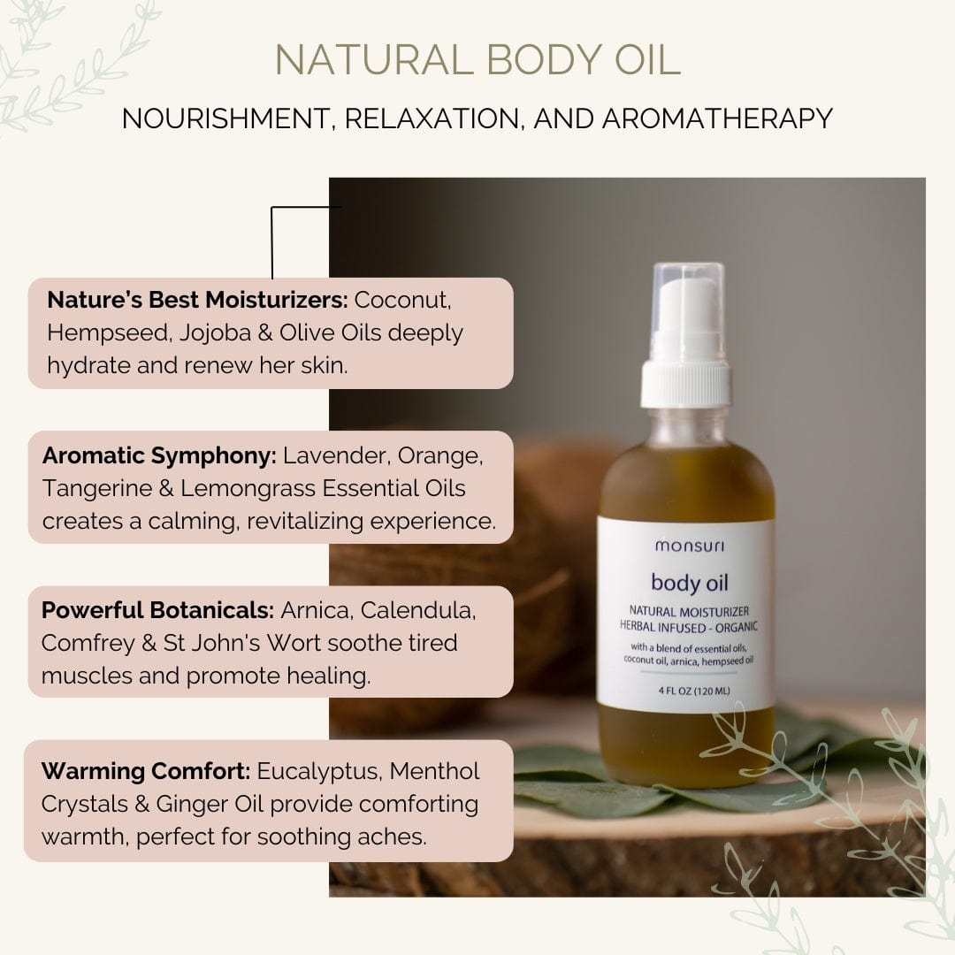 Nourishing Body Oil for Soothing Muscles from Monsuri's 'Just for Mom' Wellness Set, enriched with essential fatty acids and vitamins.