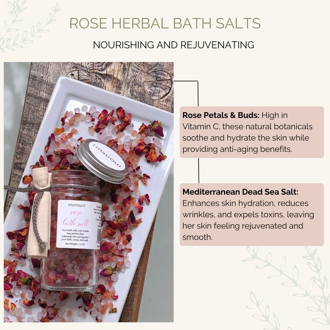 Rose Bath Salt from Monsuri's 'Just for Mom' Wellness Set. Luxurious bath accessories for a relaxing bath.