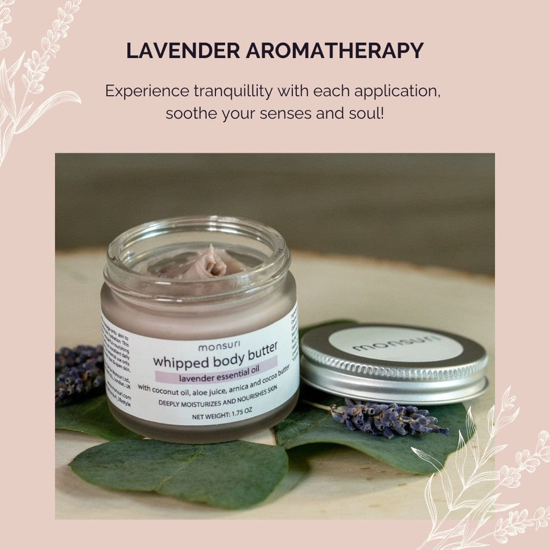 Monsuri's Lavender Body Butter depicted in a calming, tranquil bathroom setting.