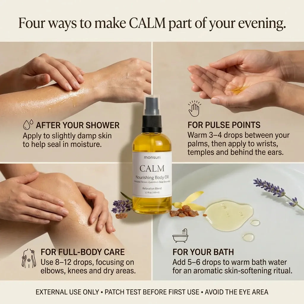 Four ways to use CALM lavender body oil in the evening: after your shower on damp skin, on pulse points, for full-body care, and a few drops added to a warm bath.