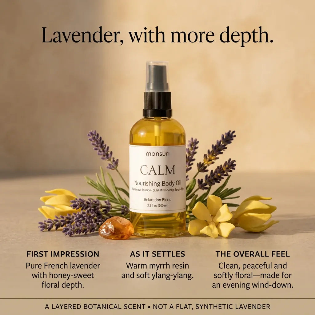CALM body oil scent journey: pure French lavender with honey-sweet floral depth, settling into warm myrrh resin and soft ylang-ylang for a peaceful evening wind-down.