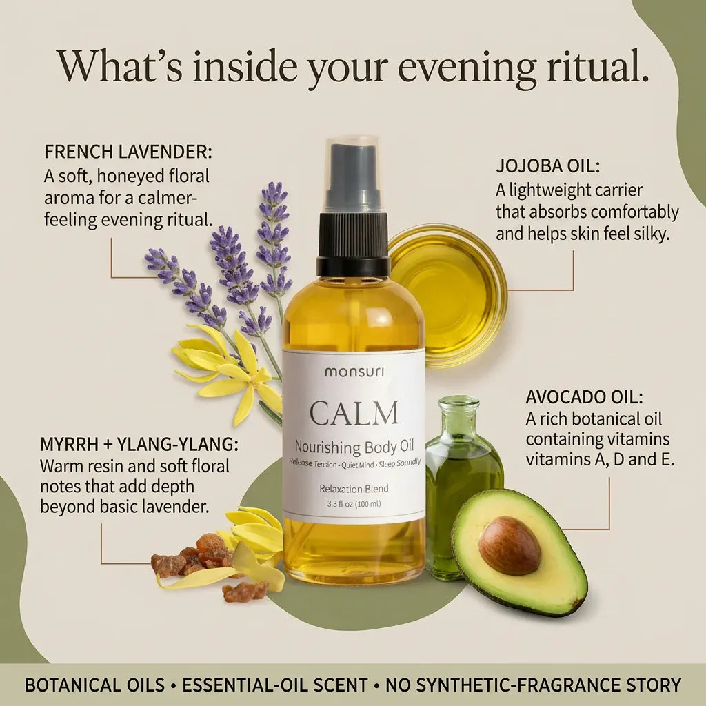 What's inside CALM lavender body oil: French lavender for a soft floral aroma, myrrh and ylang-ylang for depth beyond basic lavender, and jojoba and vitamin-rich avocado oil to soften skin.