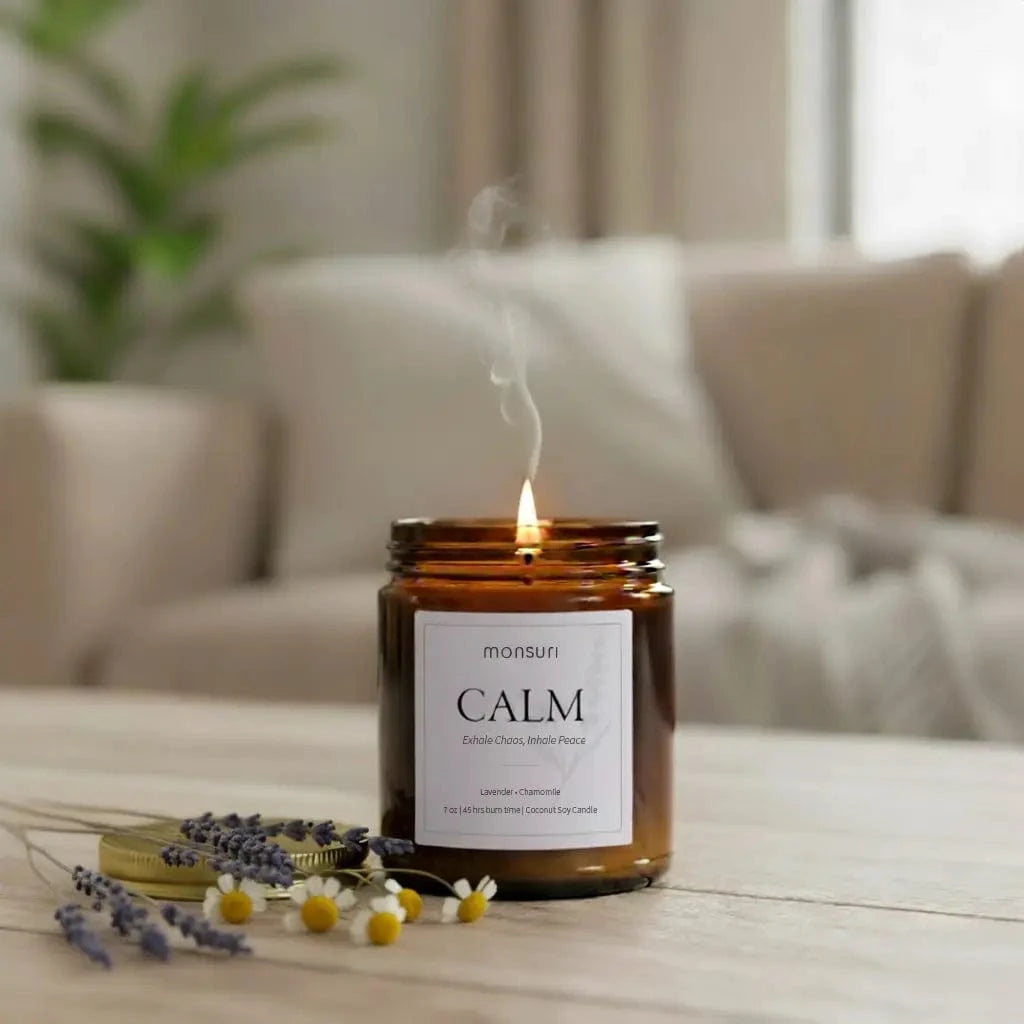 Self-care Sunday evening candle — the Monsuri Lavender + Chamomile Candle 7oz hand-poured coconut-soy candle for the wind-down hour before sleep on a self-care Sunday