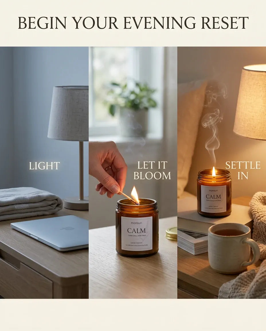 Three-step 'Begin your evening reset' graphic for the Monsuri CALM lavender chamomile candle: light the wick, let it bloom, and settle in for the evening.