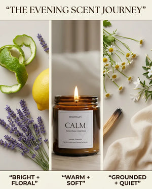 Three-panel scent story graphic for the Monsuri CALM lavender chamomile candle: lime and lavender for 'bright + floral', the lit candle for 'warm + soft', and chamomile blooms for 'grounded + quiet'.