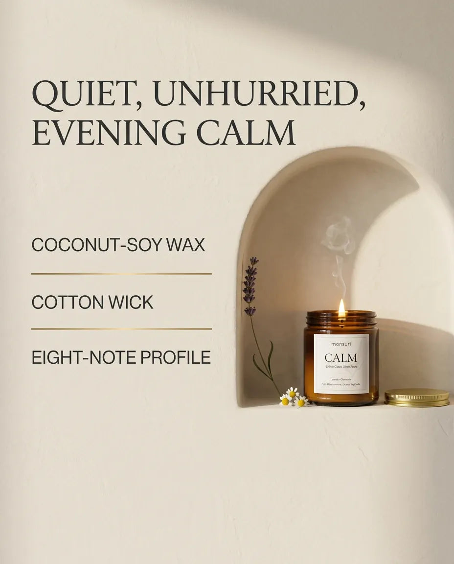 Monsuri CALM lavender chamomile candle infographic listing coconut-soy wax, cotton wick, and eight-note scent profile under the heading 'Quiet, unhurried, evening calm.'