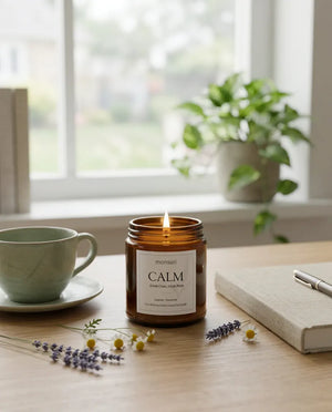 Monsuri CALM lavender chamomile candle burning on a wood desk beside a notebook and teacup, set against a bookshelf-lined reading nook.