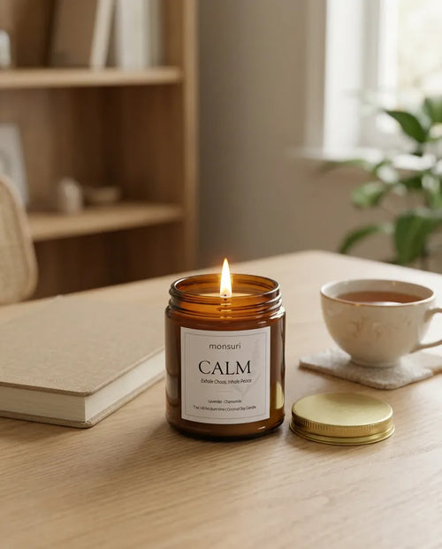 Close-up top-down view of the Monsuri CALM lavender chamomile candle mid-burn, wax pooling evenly around the wick with a fresh chamomile flower resting on the rim.