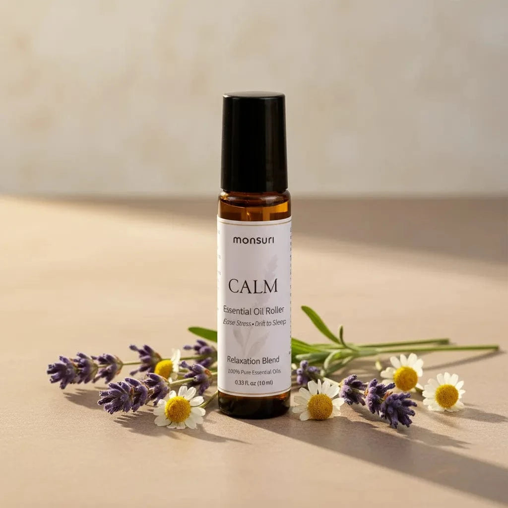 Lavender essential oil roller for natural stress relief and calming aromatherapy