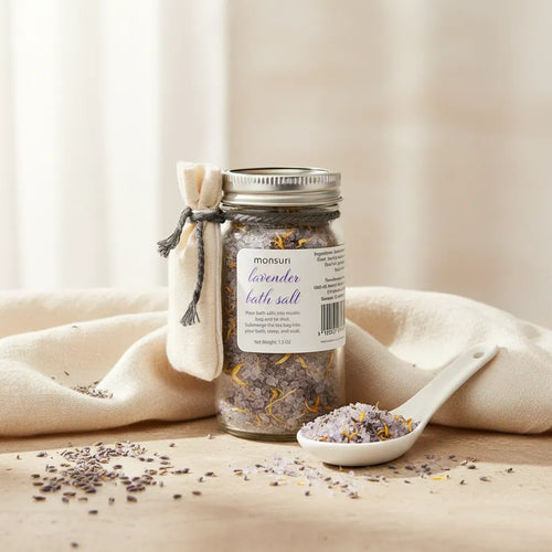 Jar of Relaxing Lavender Bath Salts for an At Home Spa Bath.