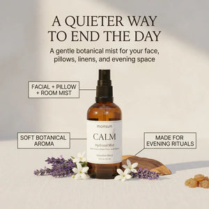 Monsuri CALM lavender hydrosol misted over a pillow by hand, labeled a softer way to wind down: gentle facial mist, pillow and linen refresh, calming room ritual.