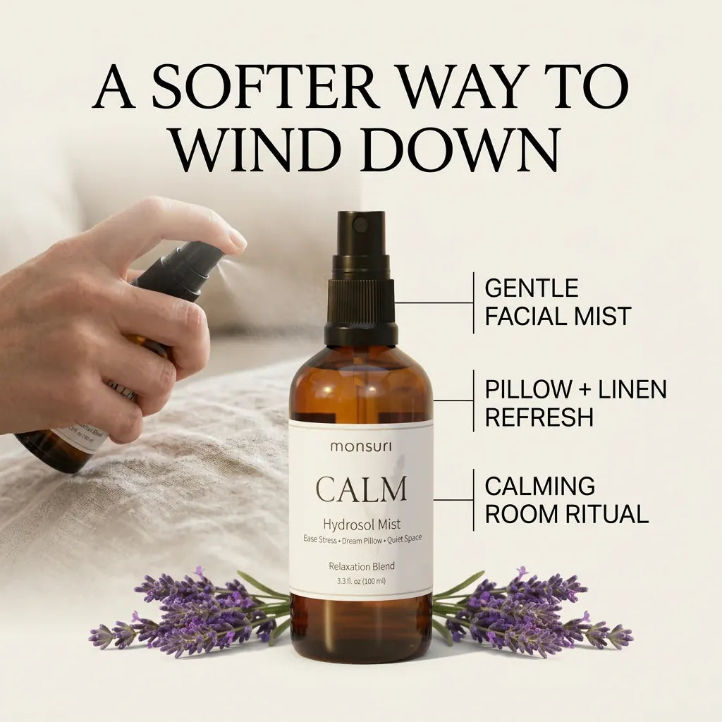 Split image of a cluttered desk labeled mental noise beside the Monsuri CALM lavender hydrosol on a nightstand labeled evening space, captioned from busy to calm.
