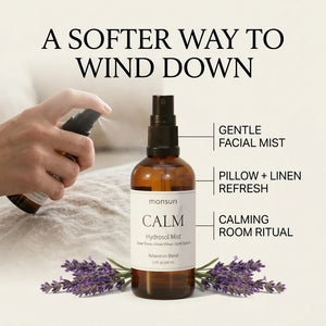 Split image of a cluttered desk labeled mental noise beside the Monsuri CALM lavender hydrosol on a nightstand labeled evening space, captioned from busy to calm.