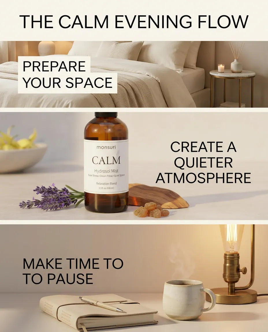 Three-panel Monsuri CALM lavender hydrosol evening ritual: prepare your space, create a quieter atmosphere, make time to pause.