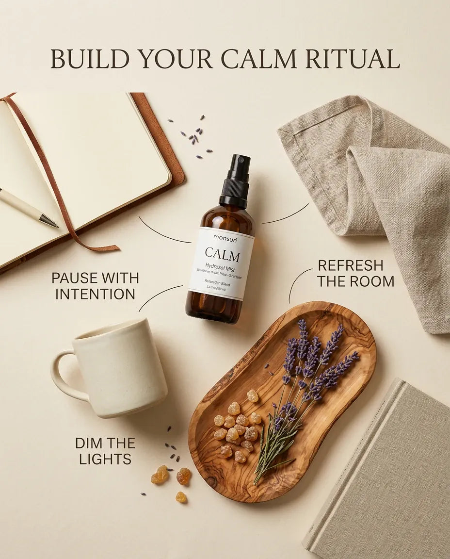 Monsuri CALM lavender hydrosol styled with a journal, mug, linen, and dried lavender on a wood tray, labeled build your calm ritual: pause with intention, refresh the room, dim the lights.