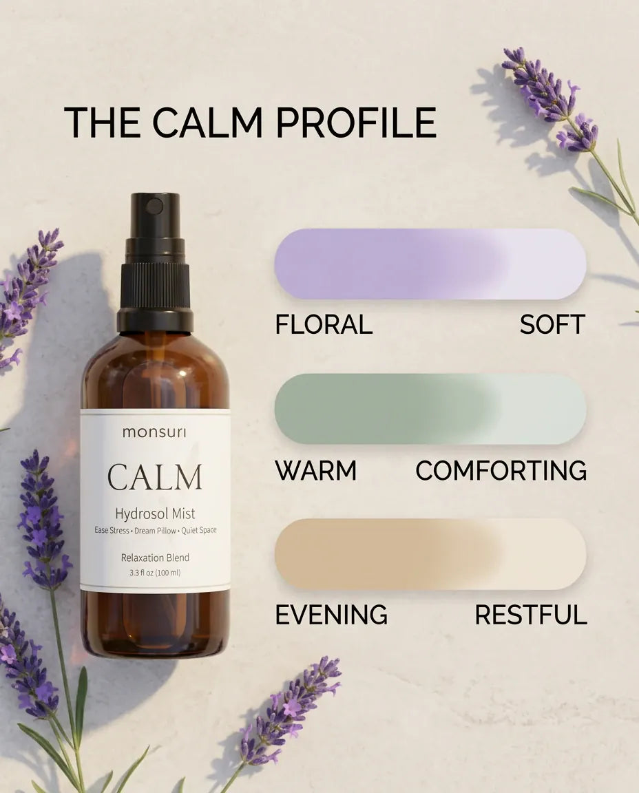 Monsuri CALM lavender hydrosol mood card with lavender sprigs: floral, soft, warm, comforting, evening, restful.