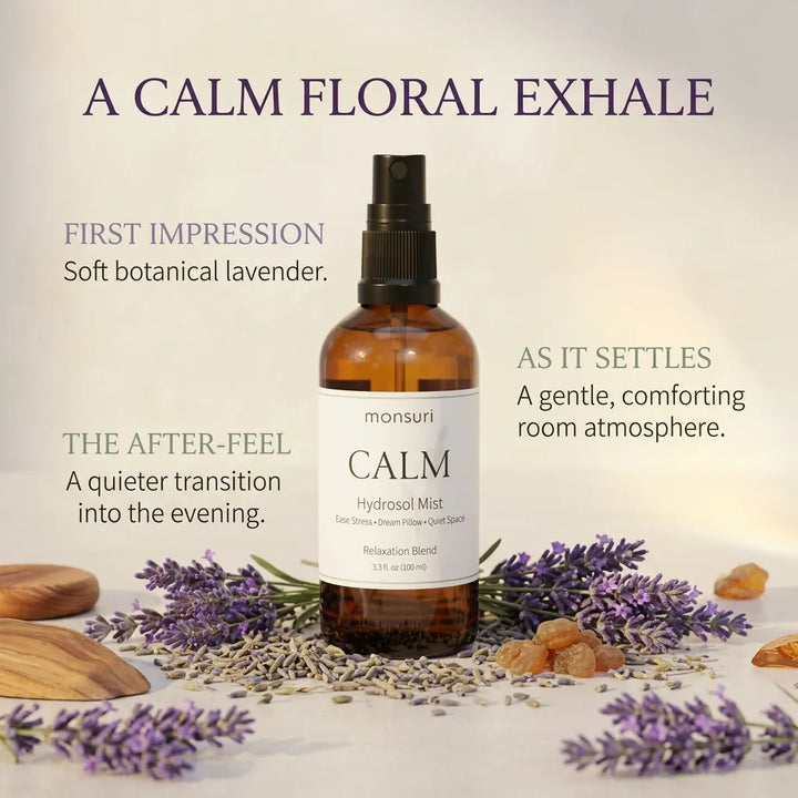 Monsuri CALM lavender hydrosol scent-notes card: soft botanical lavender first impression, a gentle comforting atmosphere as it settles, a quieter transition into the evening as the after-feel.