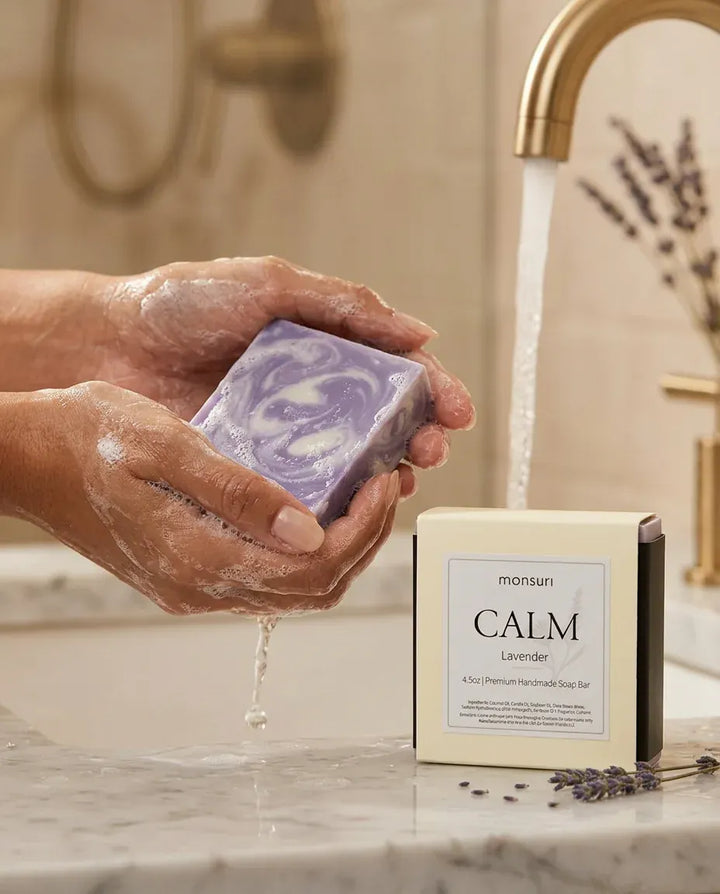 Hands lathering the Lavender soap bar under a faucet — natural lavender soap bar in use