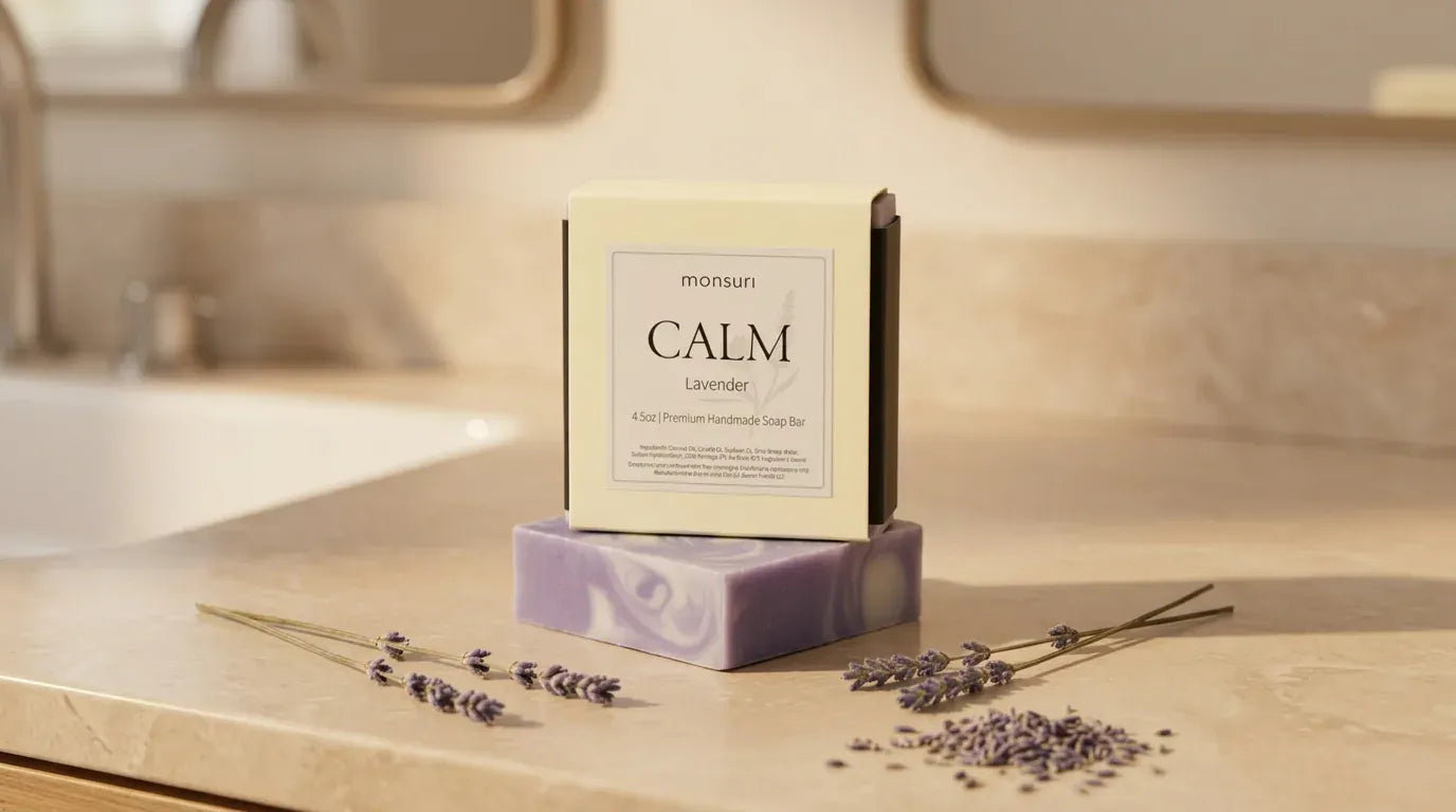 Lavender soap box and bar on a bathroom vanity with dried lavender — natural lavender soap bar