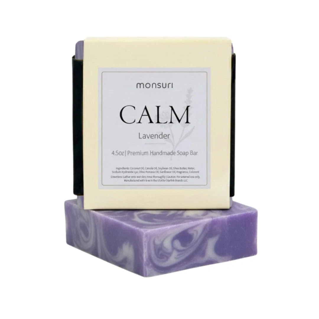 Calm Lavender Soap natural handmade bar for bedtime relaxation on white background