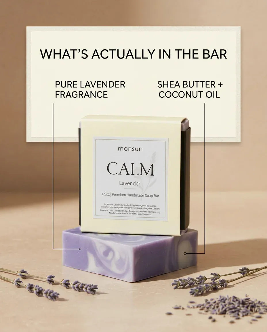What's in the Lavender soap bar: pure lavender fragrance, shea butter and coconut oil