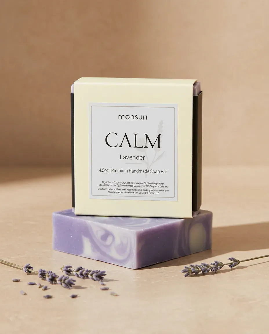 Lavender soap box and bar with dried lavender sprigs — natural handmade lavender soap bar