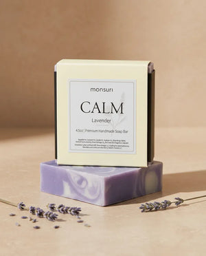 Lavender soap box and bar with dried lavender sprigs — natural handmade lavender soap bar