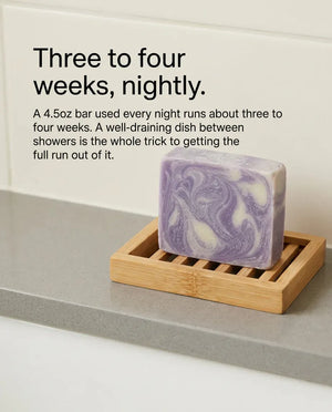 A 4.5oz natural lavender soap bar used nightly lasts about three to four weeks; a well-draining dish makes it last longer.