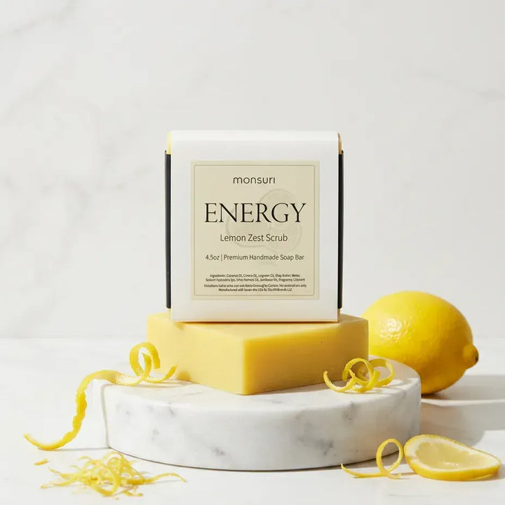 Lemon Zest Scrub soap bar with fresh lemon and zest on marble — natural exfoliating soap bar