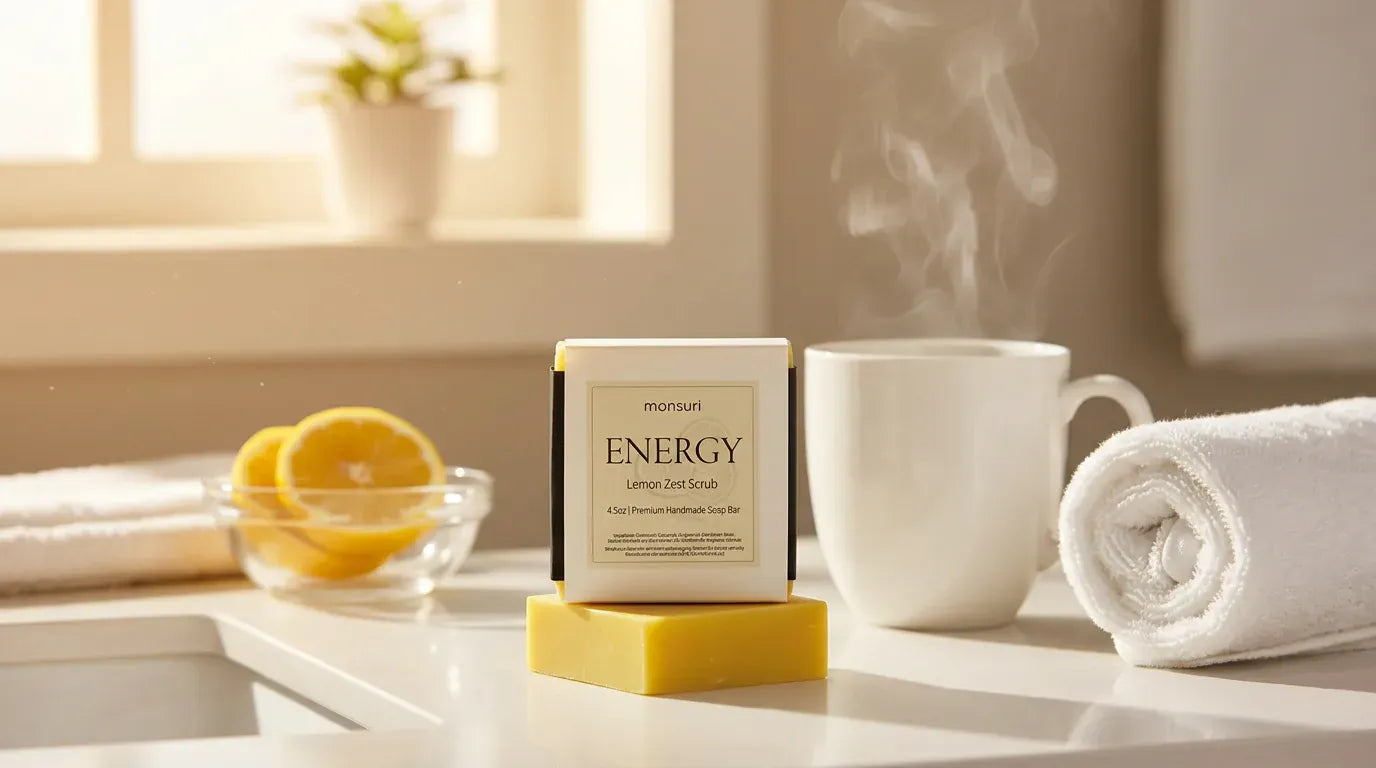 Lemon Zest Scrub soap bar with a steaming mug and lemons in a morning bathroom — natural exfoliating soap bar