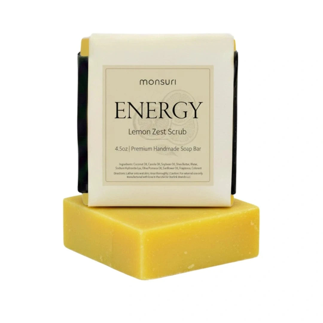 Energy Lemon Zest Scrub Soap natural exfoliating bar with sea salt on white background