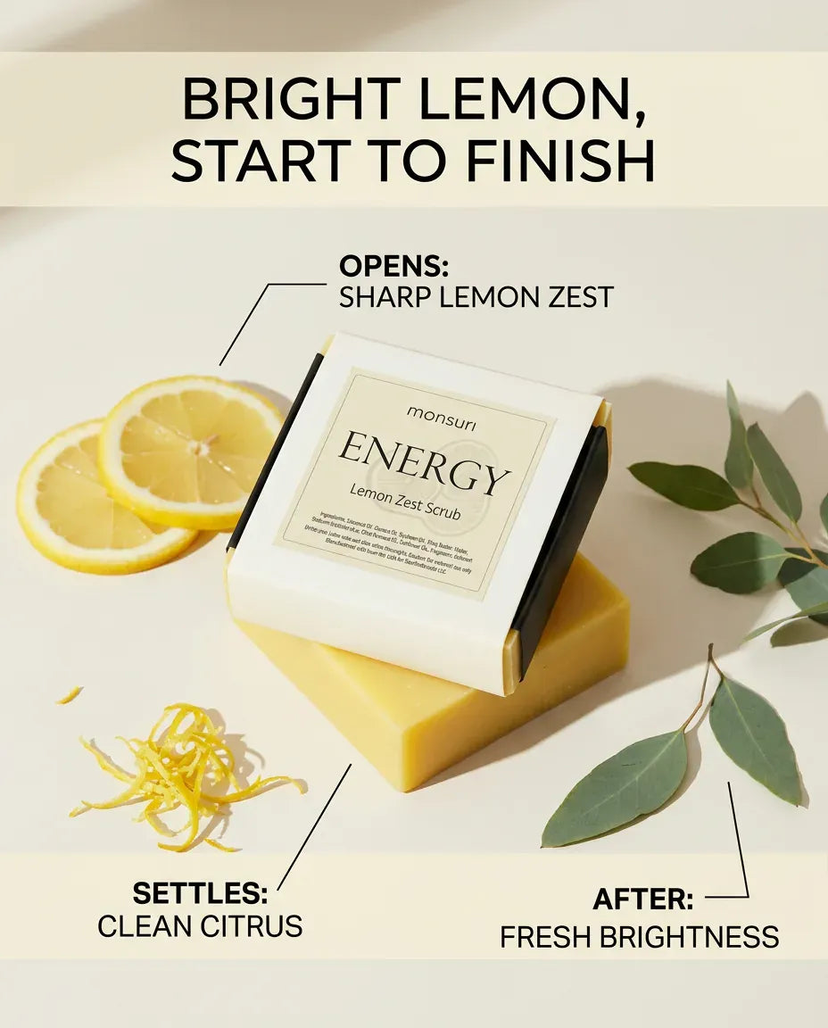 Scent profile of Lemon Zest Scrub soap: sharp lemon zest settling into clean, fresh citrus
