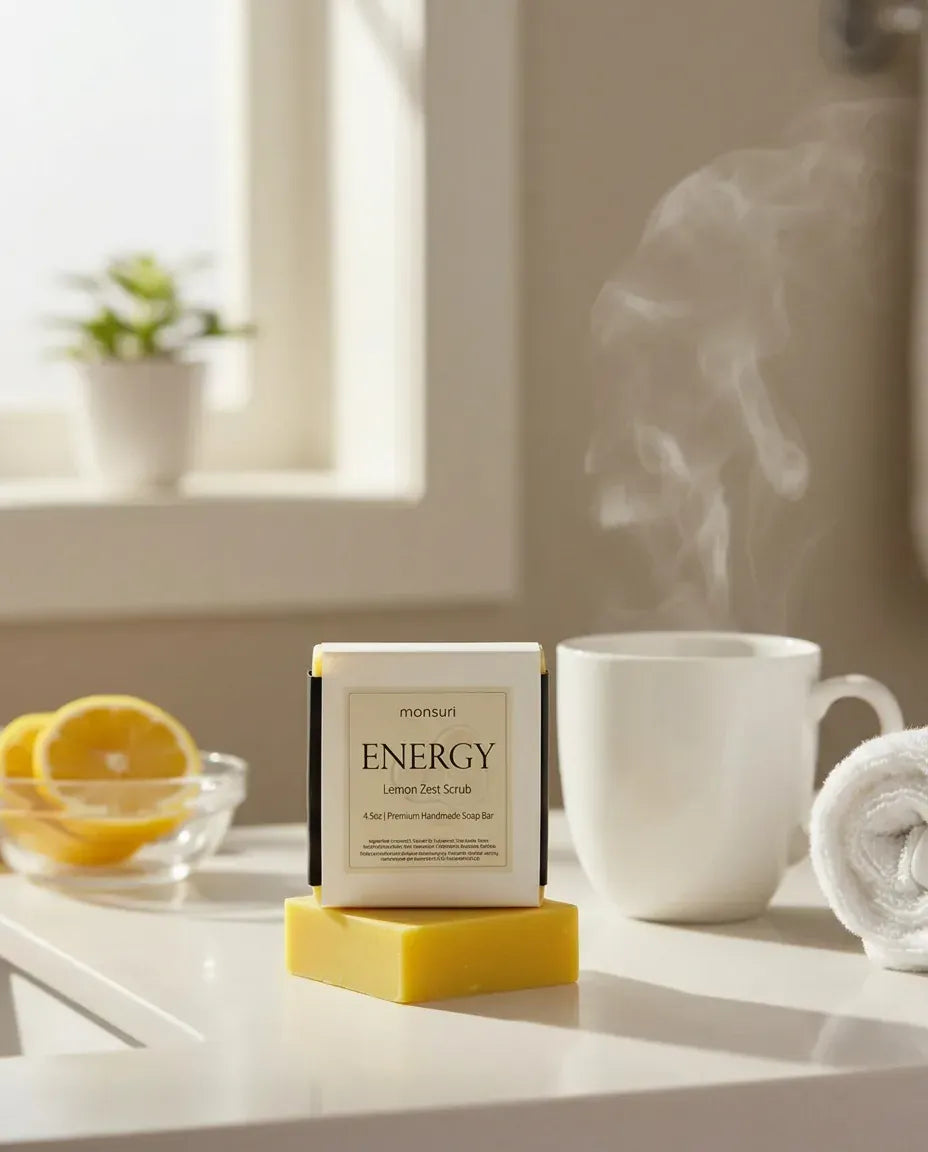 Lemon Zest Scrub soap box and bar with a steaming mug in a morning bathroom — natural exfoliating soap bar