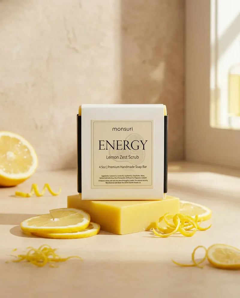 Lemon Zest Scrub soap bar with lemon slices in warm light — natural exfoliating citrus soap bar