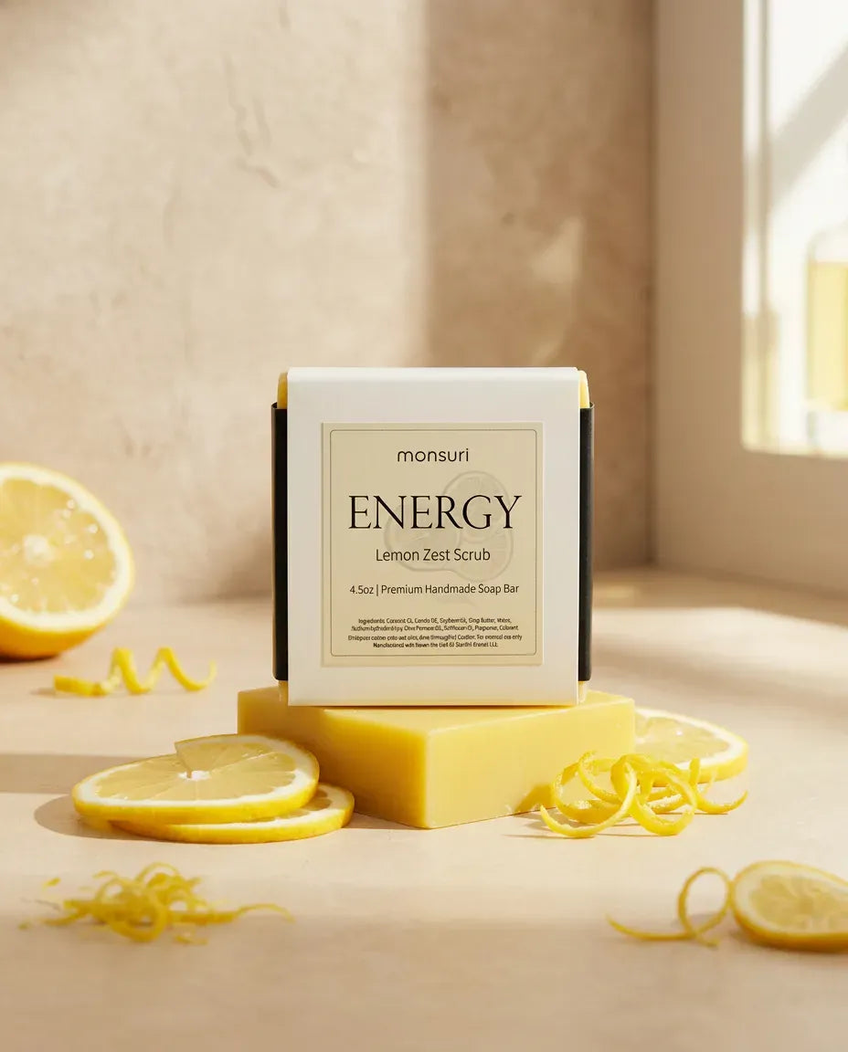 Lemon Zest Scrub soap bar with lemon slices in warm light — natural exfoliating citrus soap bar