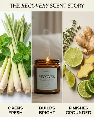 Monsuri RECOVER candle infographic 'How it opens up' detailing lemongrass-mint top notes, lime-thyme-ginger heart, and verbena-blackcurrant base, with burn-stage jars.
