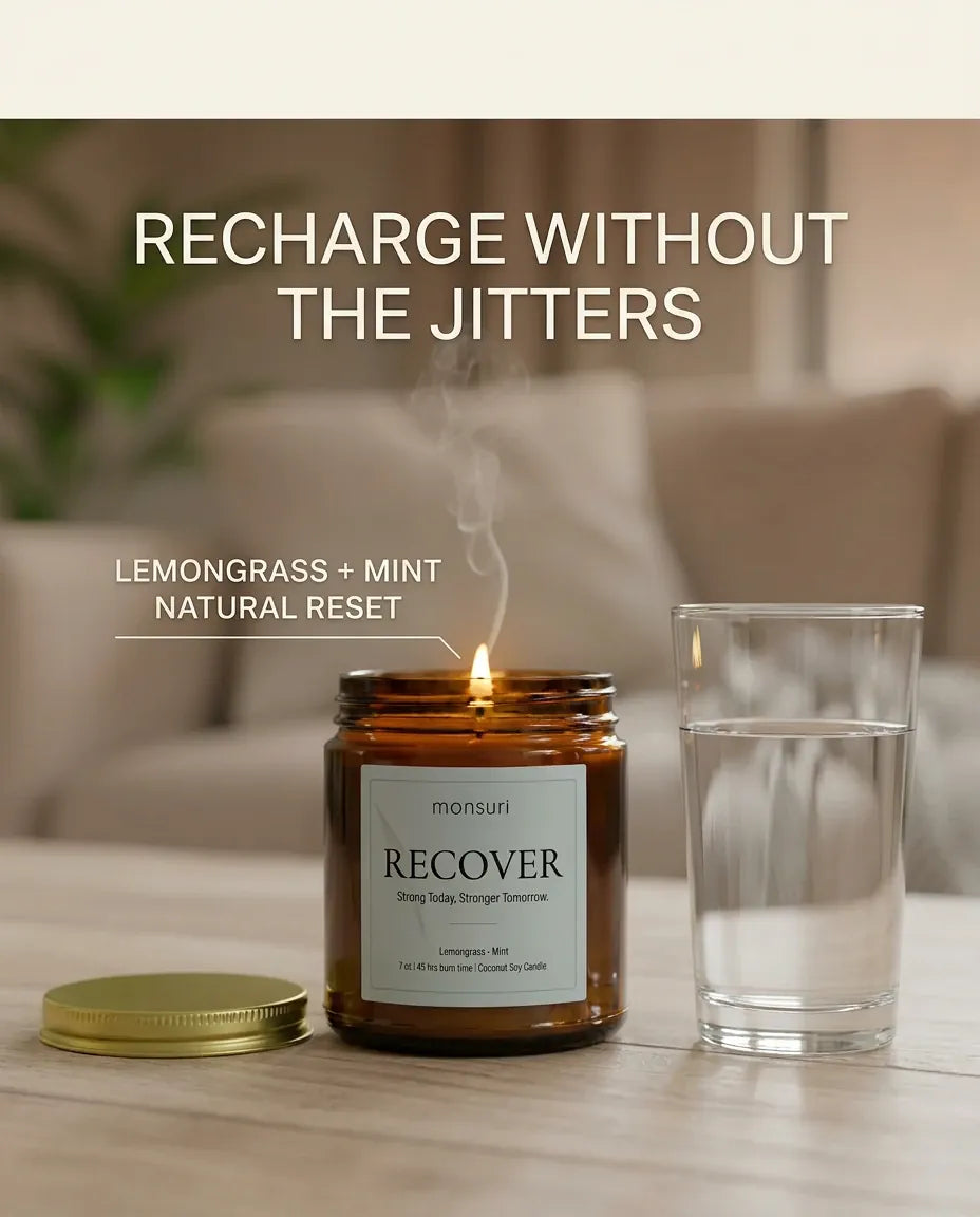 Monsuri RECOVER candle infographic 'The Recovery scent story' showing lemongrass and mint, the lit candle, and lime, ginger, and thyme.