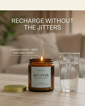 Monsuri RECOVER candle infographic 'The Recovery scent story' showing lemongrass and mint, the lit candle, and lime, ginger, and thyme.