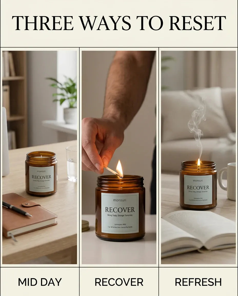 Monsuri RECOVER candle infographic 'Three ways to reset' showing the candle at a desk, a hand lighting the wick with a match, and it burning beside coffee.